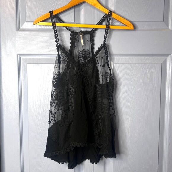 Poof NWOT Black Lace Sheer Aline Halter Boho Festival Gypsy Tank Top Size Small - Picture 1 of 9